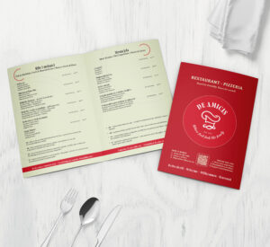 Profesionalni dizajn jelovnika i korica jelovnika za restoran De Amicis – primjer luksuznog menija s ponudom ribljih i mesnih jela