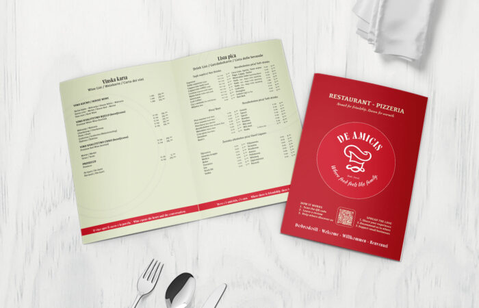Profesionalni dizajn jelovnika i korica jelovnika za restoran De Amicis – vinska karta i lista pića u luksuznom meniju