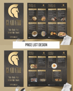 Dizajn cjenika Gladiator – crna podloga sa zlatnim detaljima i fotografijama jela, elegantan raspored ponude restorana